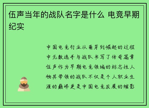 伍声当年的战队名字是什么 电竞早期纪实